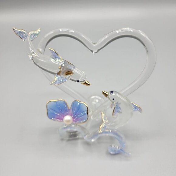 Handcrafted Glass Dolphin Figurine Sparkly Flower Accent Love Valentine Gift - Picture 7 of 10